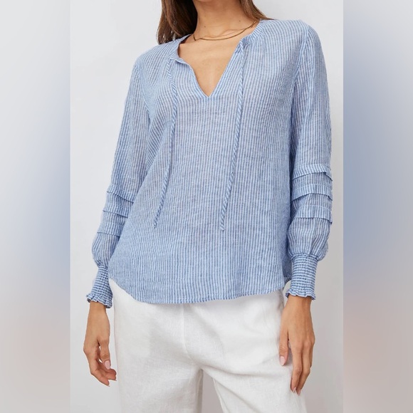 Rails Tops - Rails $188 Caterina Top Blue White Sanibel Stripe Linen Blend Blouse Size Small